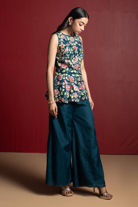 28 Threads_Blue Silk Embroidery Resham Boat Neck Floral Peplum Top And Flared Pant Set_Online_at_Aza_Fashions