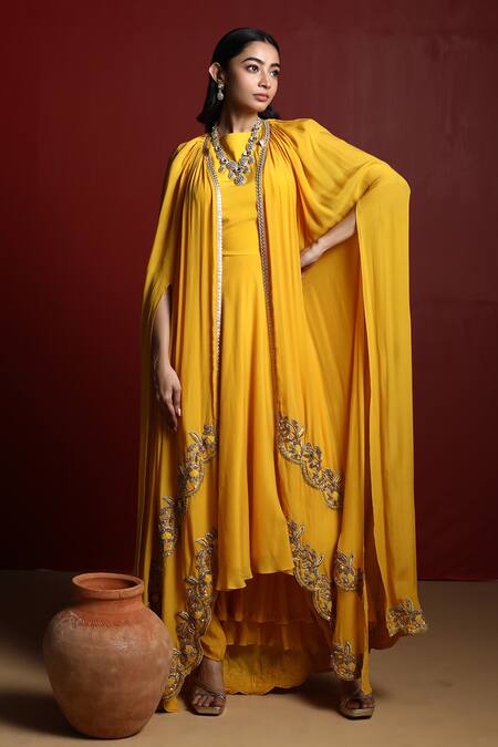 Buy_28 Threads_Yellow Crepe Resham, Sequin, Zardozi Kurta Set With Border Embroidered Cape_Online_at_Aza_Fashions