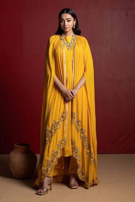 Shop_28 Threads_Yellow Crepe Resham, Sequin, Zardozi Kurta Set With Border Embroidered Cape_Online_at_Aza_Fashions