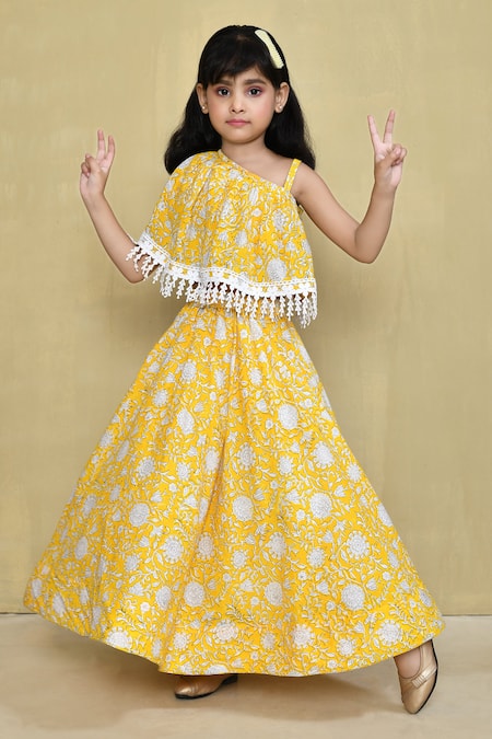 Samyukta Singhania Yellow Cotton Handblock Print Floral One Shoulder Blouse With Lehenga 