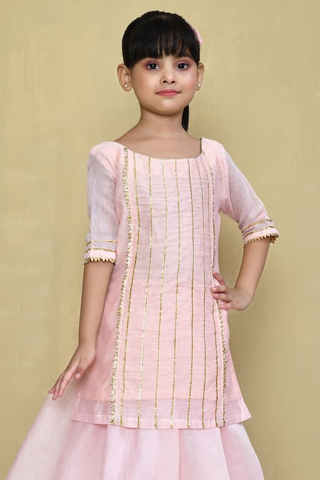 Buy_Petite Pomme_Pink Cotton, Chanderi Gota Patti Stripe Embellished Kurta With Lehenga _Online_at_Aza_Fashions