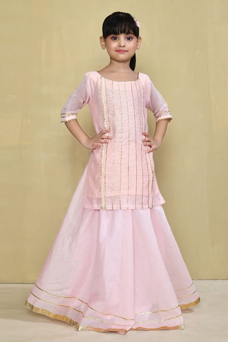 Shop_Petite Pomme_Pink Cotton, Chanderi Gota Patti Stripe Embellished Kurta With Lehenga _Online_at_Aza_Fashions
