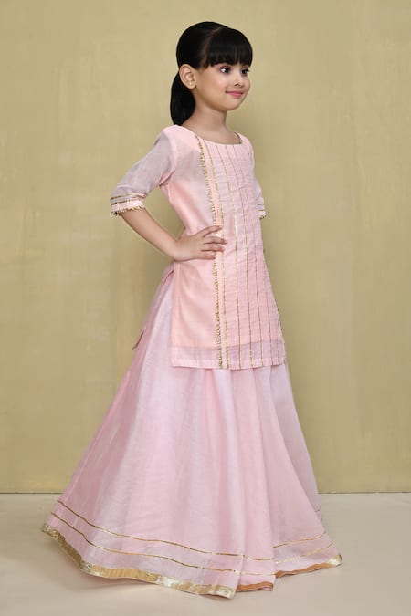 Petite Pomme_Pink Cotton, Chanderi Gota Patti Stripe Embellished Kurta With Lehenga _at_Aza_Fashions
