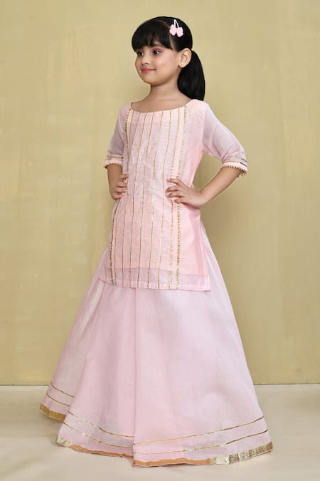 Buy_Petite Pomme_Pink Cotton, Chanderi Gota Patti Stripe Embellished Kurta With Lehenga 