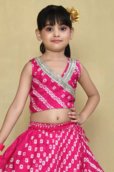 Petite Pomme_Magenta Silk, Cotton Embroidery, Gota Patti Bandhani Pattern Blouse With Lehenga _Online_at_Aza_Fashions