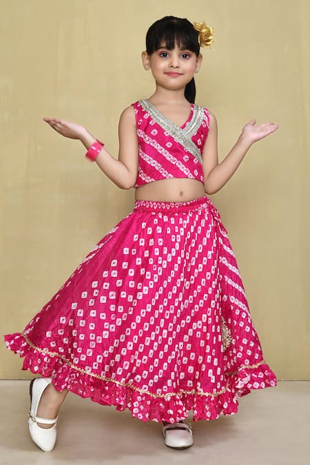 Buy_Petite Pomme_Magenta Silk, Cotton Embroidery, Gota Patti Bandhani Pattern Blouse With Lehenga _Online_at_Aza_Fashions