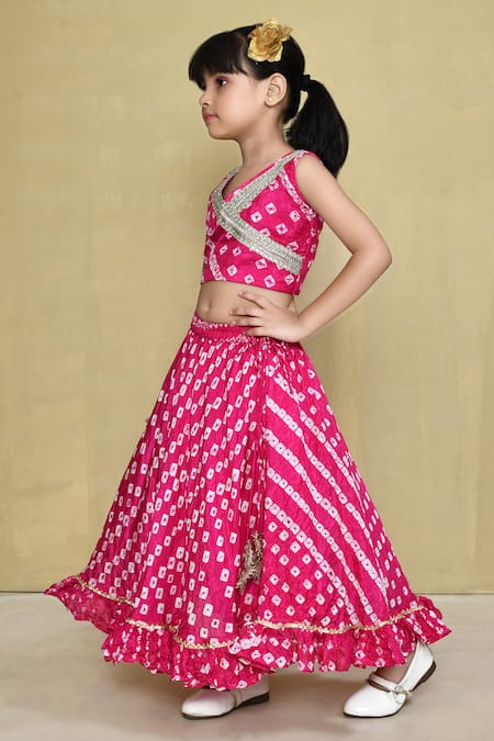 Shop_Petite Pomme_Magenta Silk, Cotton Embroidery, Gota Patti Bandhani Pattern Blouse With Lehenga _Online_at_Aza_Fashions