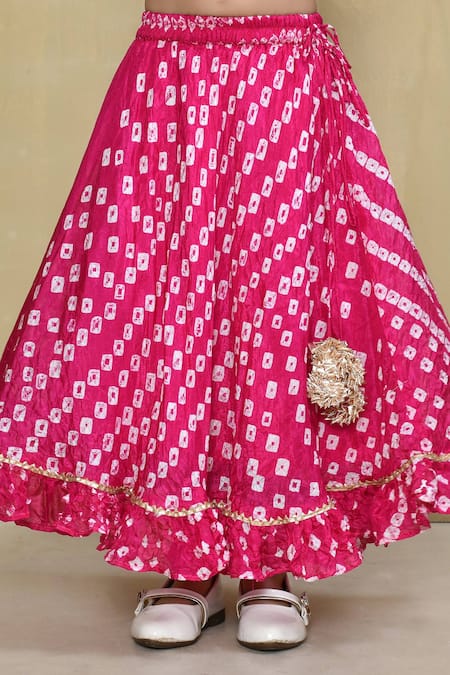 Buy_Petite Pomme_Magenta Silk, Cotton Embroidery, Gota Patti Bandhani Pattern Blouse With Lehenga 