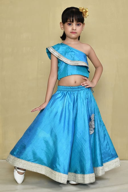 Shop_Petite Pomme_Blue Silk, Cotton Gota Patti Frill One Shoulder Blouse With Lehenga _Online_at_Aza_Fashions
