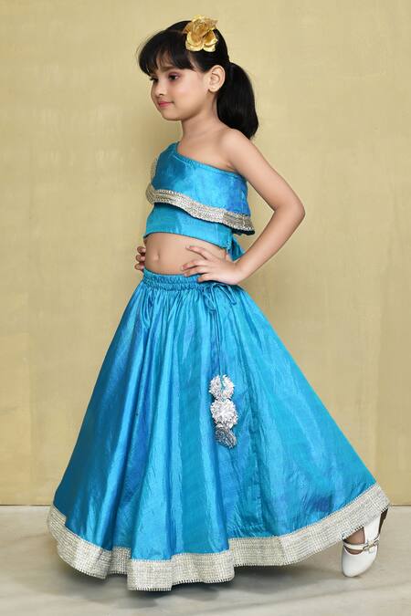 Petite Pomme_Blue Silk, Cotton Gota Patti Frill One Shoulder Blouse With Lehenga _at_Aza_Fashions