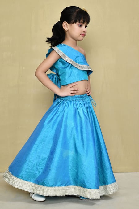 Buy_Petite Pomme_Blue Silk, Cotton Gota Patti Frill One Shoulder Blouse With Lehenga 