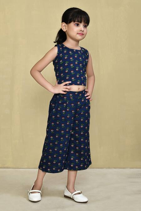 Shop_Petite Pomme_Blue Cotton Embroidery Block Print Top With Pant_Online_at_Aza_Fashions