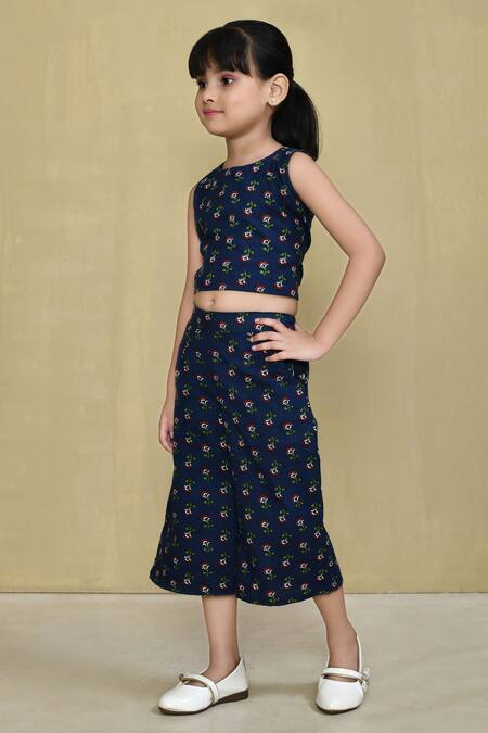 Petite Pomme_Blue Cotton Embroidery Block Print Top With Pant_at_Aza_Fashions