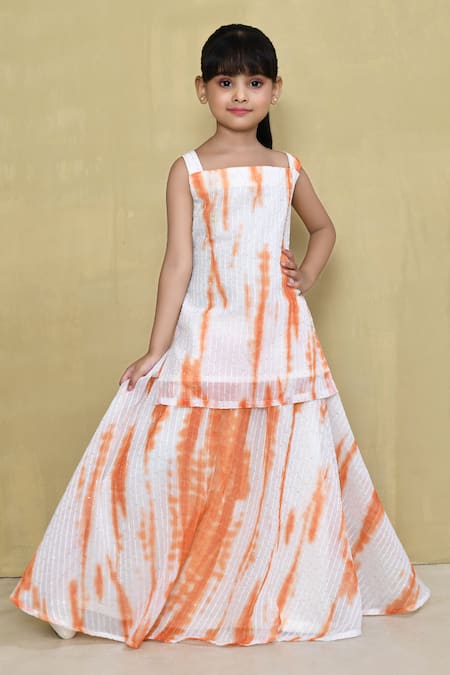 Shop_Petite Pomme_White Cotton, Georgette Sequins Tie Dye Pattern Kurta With Lehenga _Online_at_Aza_Fashions