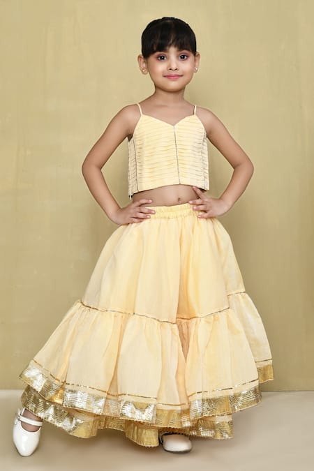 Petite Pomme Beige Gota Lace Tiered Lehenga Set 