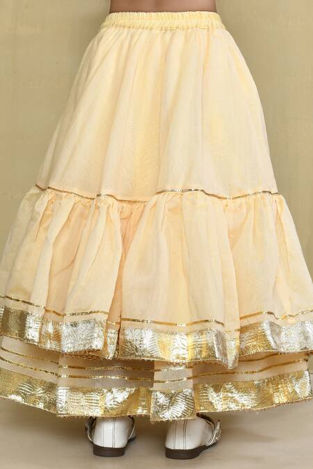 Petite Pomme_Beige Cotton, Chanderi Gota Patti Lace Tiered Lehenga Set _Online_at_Aza_Fashions