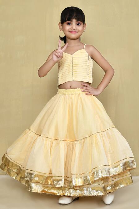 Buy_Petite Pomme_Beige Cotton, Chanderi Gota Patti Lace Tiered Lehenga Set _Online_at_Aza_Fashions