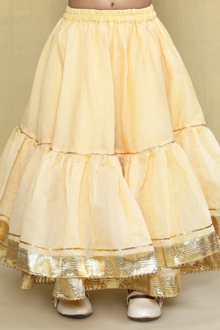 Shop_Petite Pomme_Beige Cotton, Chanderi Gota Patti Lace Tiered Lehenga Set _Online_at_Aza_Fashions
