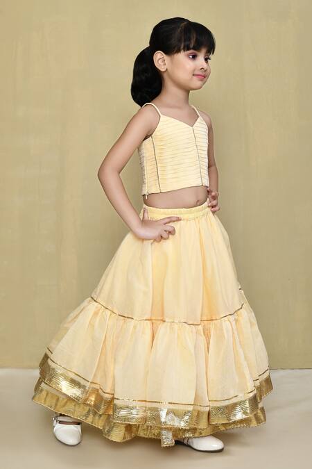 Petite Pomme_Beige Cotton, Chanderi Gota Patti Lace Tiered Lehenga Set _at_Aza_Fashions