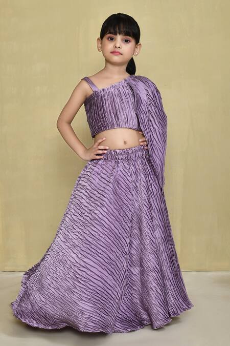 Buy_Petite Pomme_Purple Silk, Cotton Textured One Shoulder Top And Lehenga Set _Online_at_Aza_Fashions