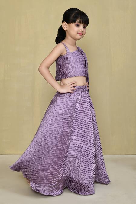 Petite Pomme_Purple Silk, Cotton Textured One Shoulder Top And Lehenga Set _at_Aza_Fashions