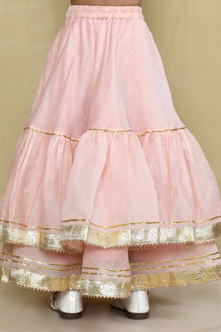 Petite Pomme_Pink Chanderi, Cotton Gota Patti Pastel Tiered Lehenga With Blouse _Online_at_Aza_Fashions