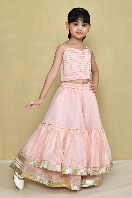 Buy_Petite Pomme_Pink Chanderi, Cotton Gota Patti Pastel Tiered Lehenga With Blouse _Online_at_Aza_Fashions