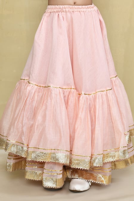 Shop_Petite Pomme_Pink Chanderi, Cotton Gota Patti Pastel Tiered Lehenga With Blouse _Online_at_Aza_Fashions