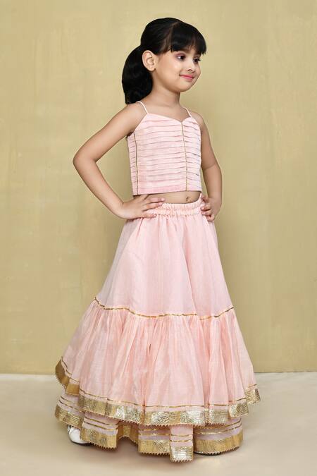 Petite Pomme_Pink Chanderi, Cotton Gota Patti Pastel Tiered Lehenga With Blouse _at_Aza_Fashions