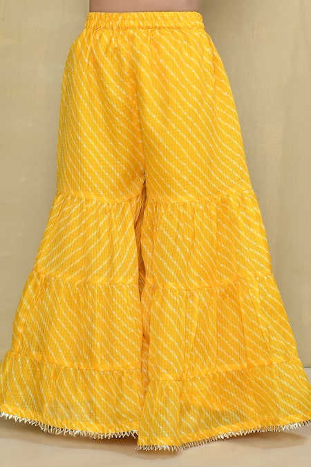 Shop_Petite Pomme_Yellow Kota Doria, Cotton Patti Leheriya Pattern Kurta With Gharara _Online_at_Aza_Fashions