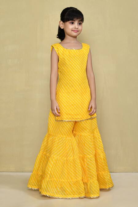 Petite Pomme_Yellow Kota Doria, Cotton Patti Leheriya Pattern Kurta With Gharara _at_Aza_Fashions