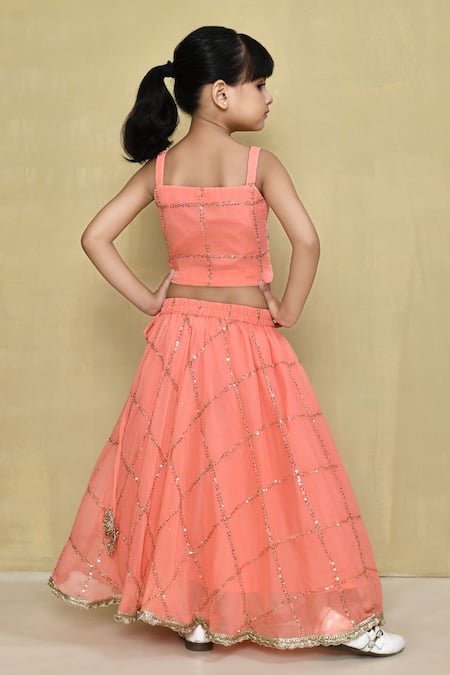 Shop_Petite Pomme_Peach Georgette, Cotton Sequins Embroidered Lehenga With Top_at_Aza_Fashions