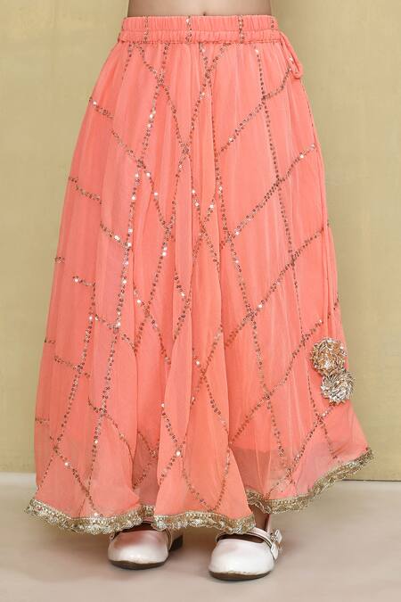 Petite Pomme_Peach Georgette, Cotton Sequins Embroidered Lehenga With Top_Online_at_Aza_Fashions