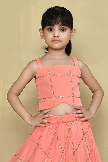 Buy_Petite Pomme_Peach Georgette, Cotton Sequins Embroidered Lehenga With Top_Online_at_Aza_Fashions