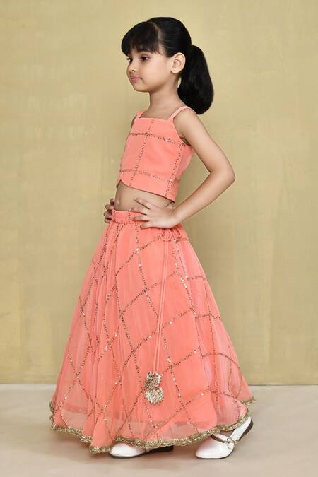 Buy_Petite Pomme_Peach Georgette, Cotton Sequins Embroidered Lehenga With Top