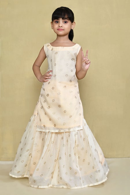 Petite Pomme_Beige Kota Doria, Cotton Floral Butti Kurta Set With Gharara _Online_at_Aza_Fashions