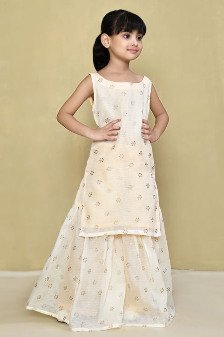 Shop_Petite Pomme_Beige Kota Doria, Cotton Floral Butti Kurta Set With Gharara _Online_at_Aza_Fashions