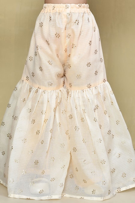 Petite Pomme_Beige Kota Doria, Cotton Floral Butti Kurta Set With Gharara _at_Aza_Fashions