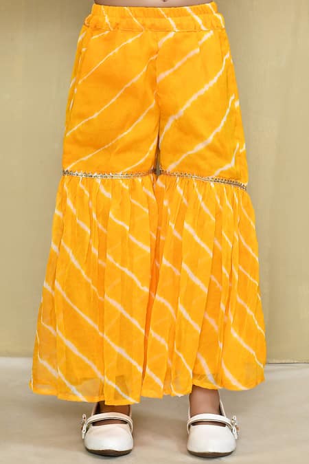 Petite Pomme_Yellow Cotton, Georgette Gota Patti Strappy Leheriya Pattern Kurta Sharara Set _Online_at_Aza_Fashions