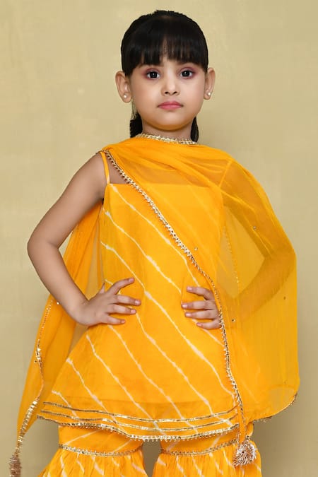 Buy_Petite Pomme_Yellow Cotton, Georgette Gota Patti Strappy Leheriya Pattern Kurta Sharara Set _Online_at_Aza_Fashions