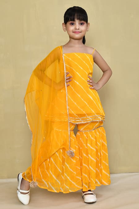 Shop_Petite Pomme_Yellow Cotton, Georgette Gota Patti Strappy Leheriya Pattern Kurta Sharara Set _Online_at_Aza_Fashions
