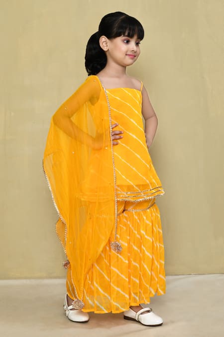 Petite Pomme_Yellow Cotton, Georgette Gota Patti Strappy Leheriya Pattern Kurta Sharara Set _at_Aza_Fashions