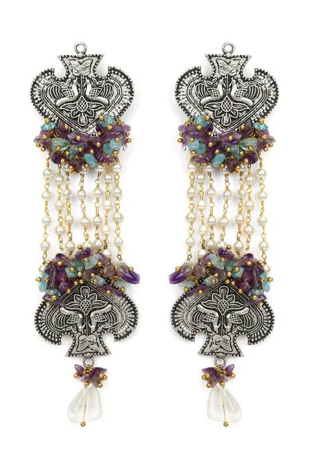 Shop_Heer-House Of Jewellery_Silver Plated Pearls Sitaara Carved Earrings_at_Aza_Fashions