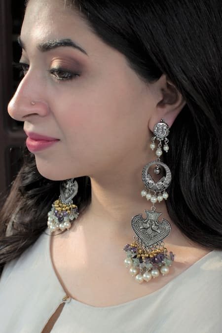 Heer-House Of Jewellery Silver Plated Pearls Savera Long Carved Earrings