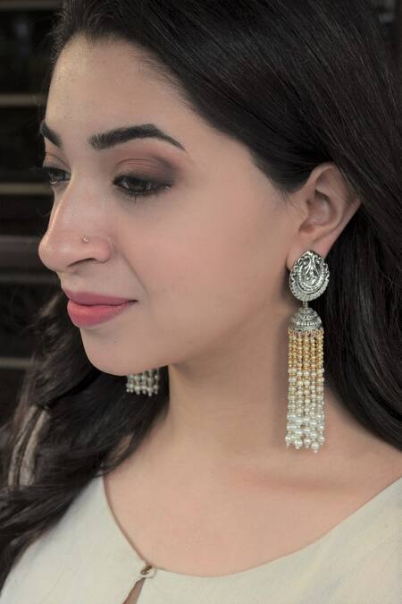 Heer-House Of Jewellery Gold Plated Pearls Sandhya Beaded Tassel Jhumkas