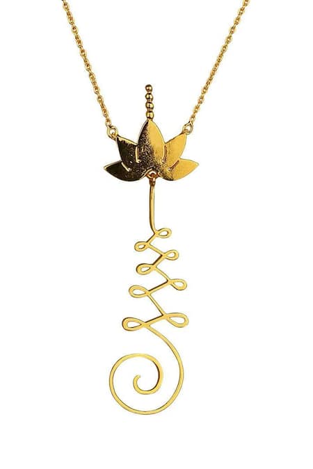 Shop Eina Ahluwalia Gold Plated Unalome Lotus Pendant Necklace at Aza Fashions Shop_Eina Ahluwalia_Gold Plated Unalome Lotus Pendant Necklace_at_Aza_Fashions