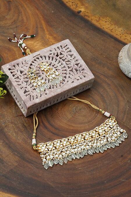Shop Namasya Gold Plated Pearls Kundan Carved Necklace Set at Aza Fashions Shop_Namasya_Gold Plated Pearls Kundan Carved Necklace Set _at_Aza_Fashions