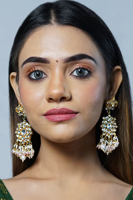 Namasya Gold Plated Pearls, Diamonds Carved Dangler Earrings 