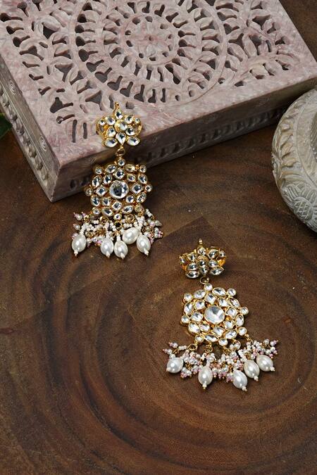 Shop_Namasya_Gold Plated Pearls, Diamonds Carved Dangler Earrings _at_Aza_Fashions