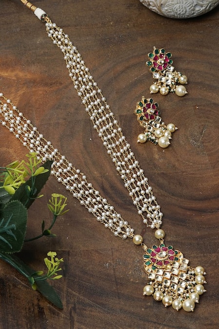 Shop Namasya Gold Plated Beads, Stones Kundan Carved Necklace Set at Aza Fashions Shop_Namasya_Gold Plated Beads, Stones Kundan Carved Necklace Set _at_Aza_Fashions